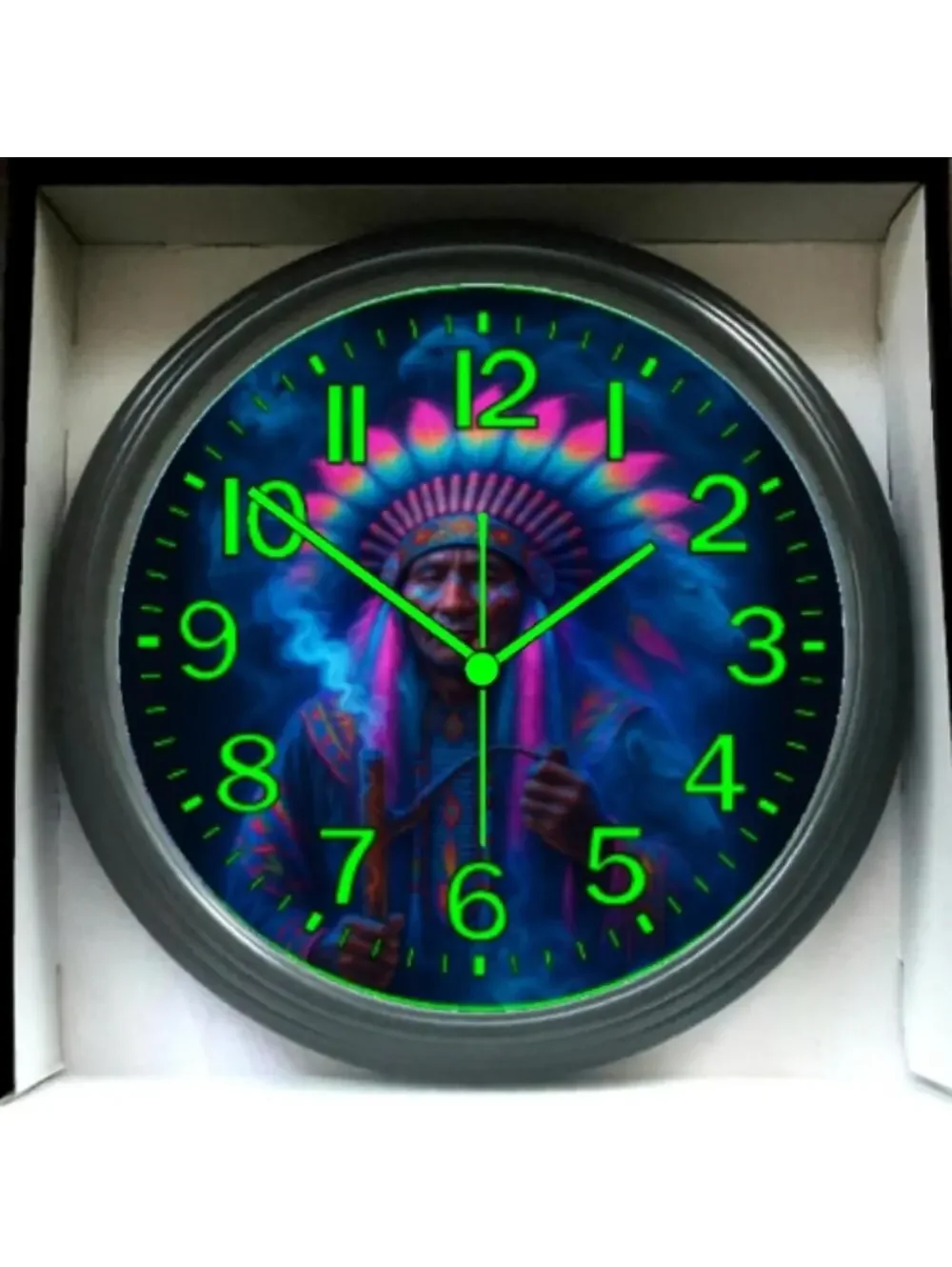 Native American Black Light Spiritual Glow In The Dark Wall Clock New!